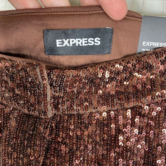 Express Women's Brown High Waisted Sequin Pleated Cropped Trouser Pants Small - Picture 3 of 9